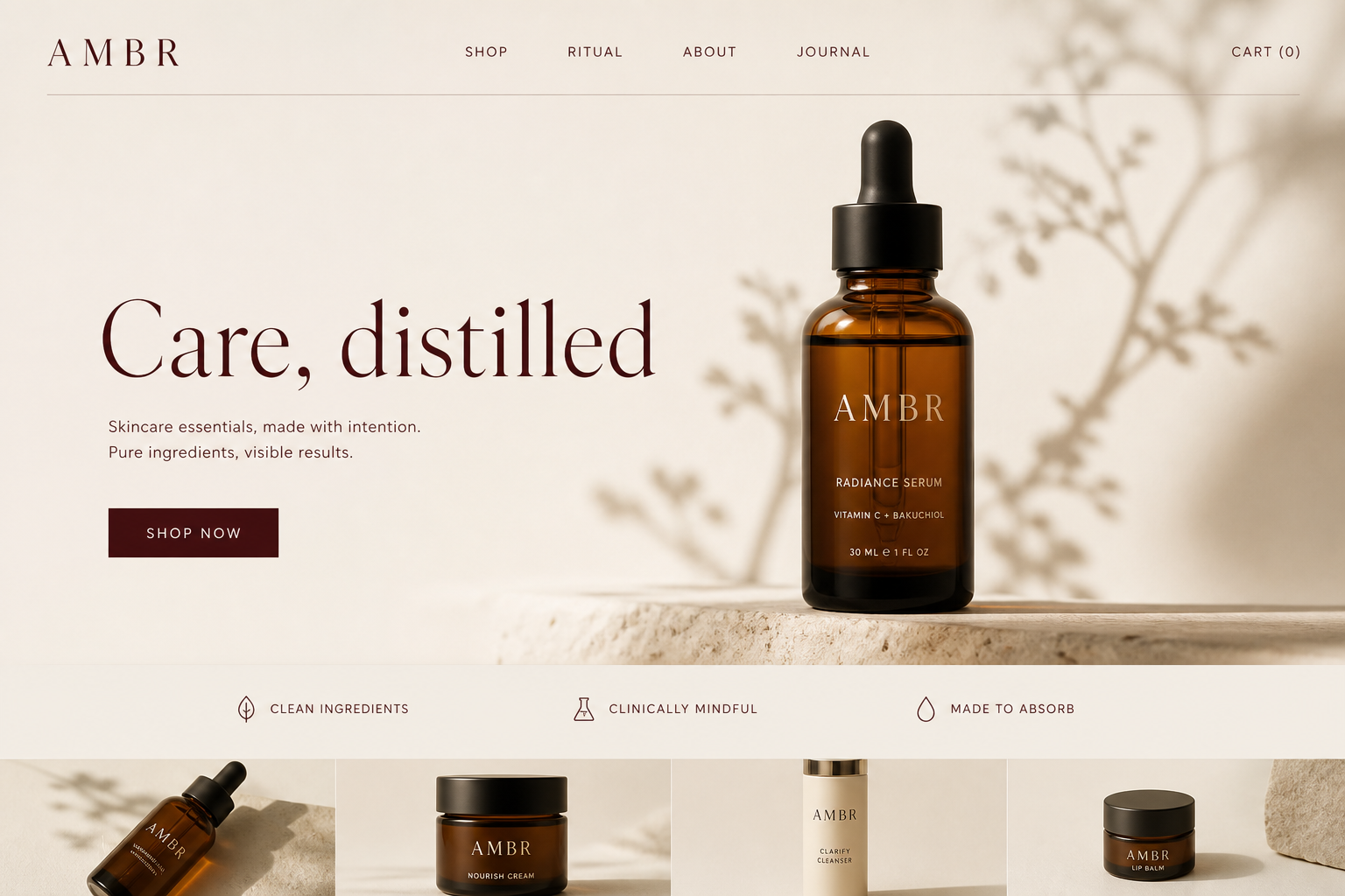 AMBR skincare product website homepage concept